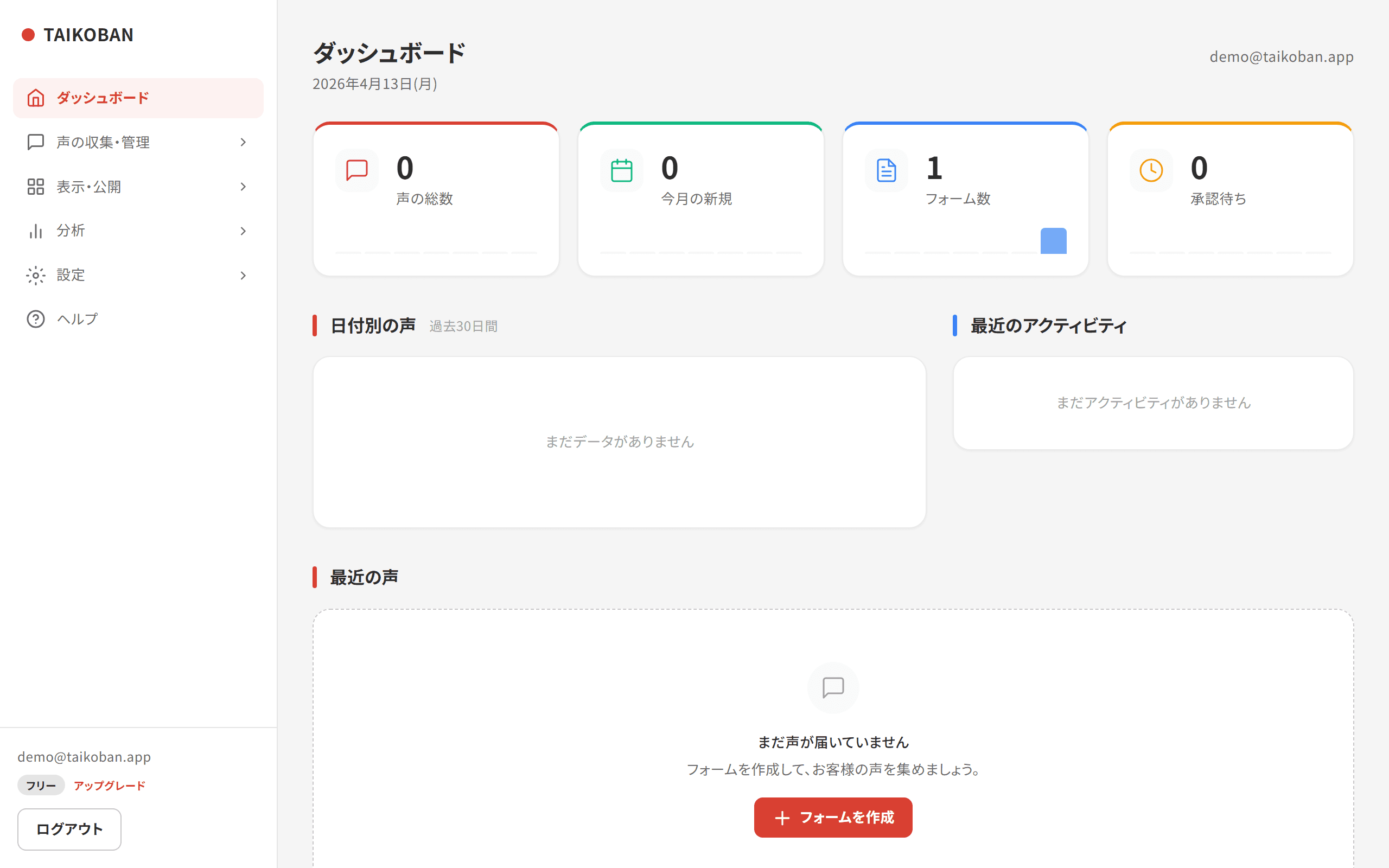 TAIKOBANダッシュボード：プロジェクト作成の起点となるトップ画面